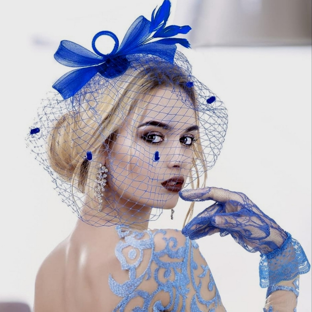 Elegant Blue Lace Dotted Fascinator Ribbon Set Gorgeous Lace Gloves NWT